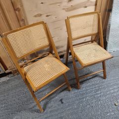 Pair of Vintage Wooden Folding Chairs with Cane Rattan