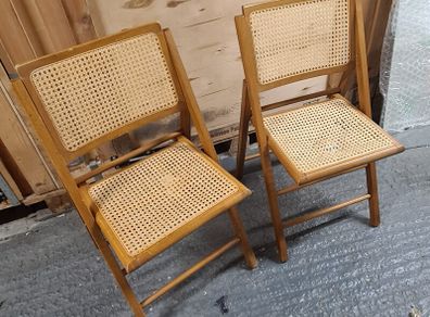 Pair of Vintage Wooden Folding Chairs with Cane Rattan