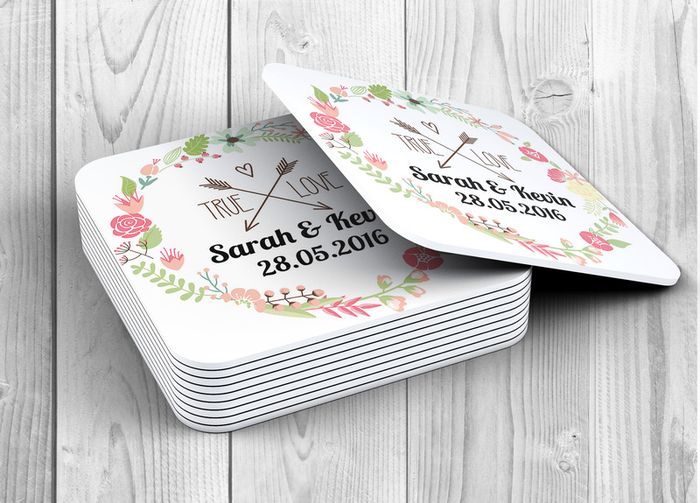 Personalised Wedding Coasters Print name date & any text! 10 Designs!