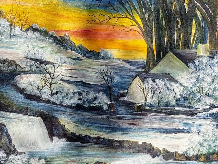 Original unframed hand painted landscape artwork  - Early Autumn Snow.