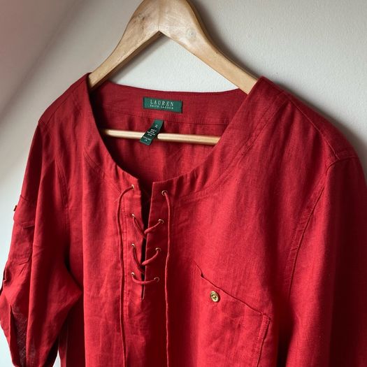 Lauren Ralph Lauren Red 100% Linen Lace-Up Tunic Blouse Roll Tab Sleeve XL