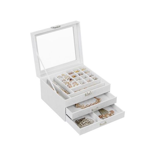 Jewelry box with drawers and glass lid White