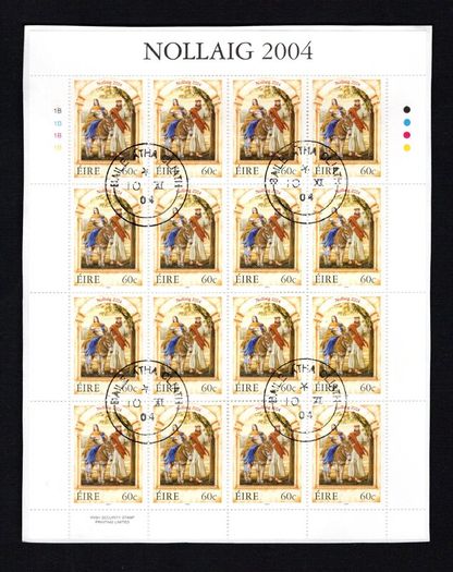 2004 Ireland Christmas Commemorative Stamp Sheetlet Plate 1B1B1B1B Fine Used with Dublin cancel of 10th November 2004 (First day of issued) on envelope extract.