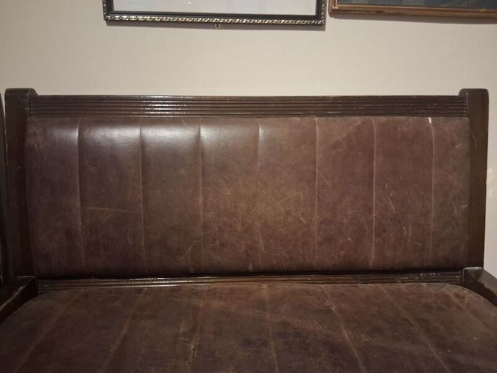 Vintage Solid Wood pub Leather Bench Seat Perfect for Bar or Man Cave