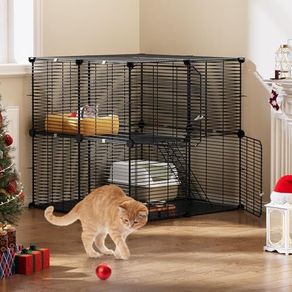 2-Tier DIY Cat Enclosure - Indoor Playpen With Metal Wire Dense, Pet Cage for 1-2 Cats, Ferrets, Rabbits, Small Animals - Black, 71x71x71cm