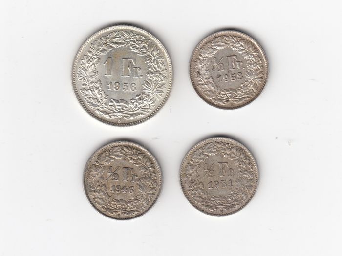 SWISS, HELVETIA, 4 x  83.5% silver coins (no. 385)