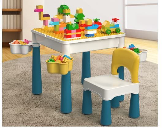 Kids Building Blocks Table and Chair Set, Multi-Activity Table with 1 Chair and 130 Pieces Large Building Blocks, Creativity Bricks Compatible Construction Toys for Boys and Girls