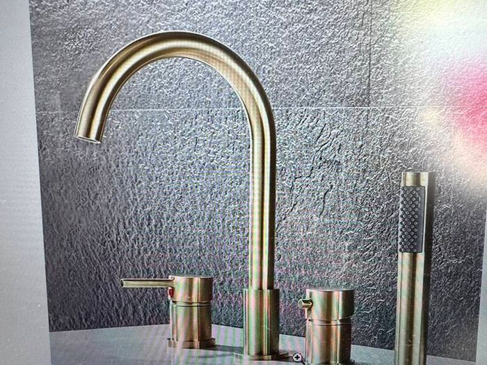 Bath mixer tap with shower attachment. Brass gold. Deck mounting 4 holes.
