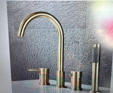 Bath mixer tap with shower attachment. Brass gold. Deck mounting 4 holes.