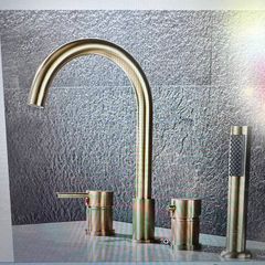 Bath mixer tap with shower attachment. Brass gold. Deck mounting 4 holes.