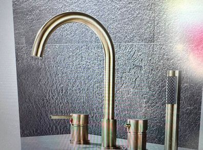 Bath mixer tap with shower attachment. Brass gold. Deck mounting 4 holes.