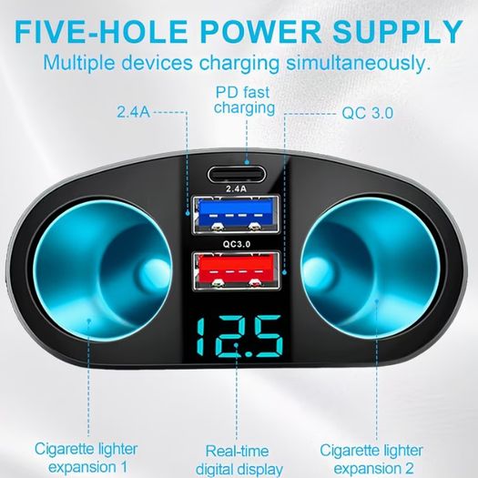 Car Cigarette Lighter Adapter, USB + Type-C Car Phone Charger Adapter,