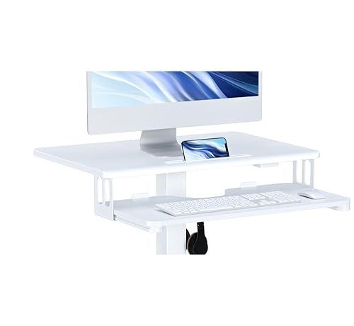 65 by 45cm Mobile Computer Workstation, Height Adjustable Laptop Stand 72 by 112cm, Portable Desk on Wheels, Compact White Study Desk, Movable Side Table, Small Standing Desk, Office Workstation