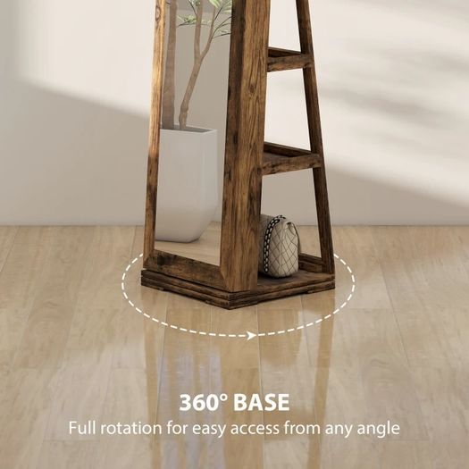 360 Swivel Jewellery Cabinet, Free Standing Full Length Mirror with Storage, Lockable Jewellery Organiser with Built-in Makeup Mirror and Storage Shelves for Bedroom, Rustic Brown