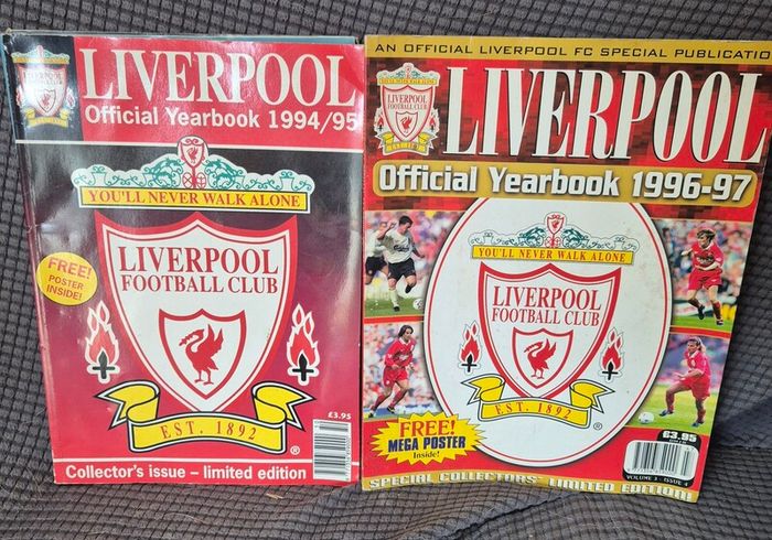 Complete Vintage Liverpool FC Yearbooks 1994/95 & 1996/97 - Mint Robbie Fowler & Patrik Berger Posters Intact