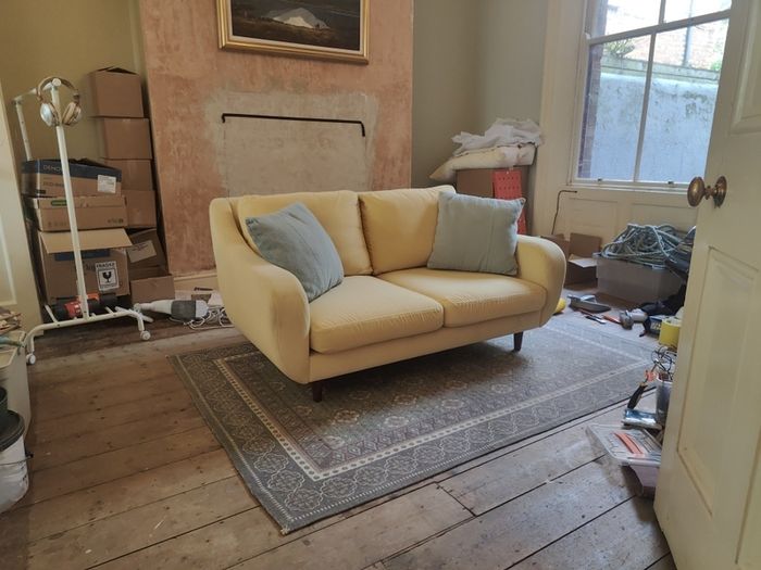 Mid century yellow velvet couch