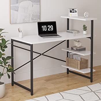 Small Computer Desk with Shelves 100x50x98 cm, Home Office Desk, Study Writing Office Table, 4 Tier Shelf, White (FREE SHIPPING)