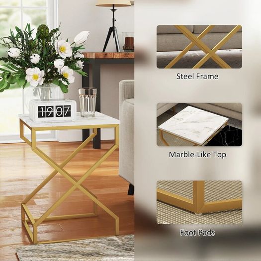 Set of 2 Marble-Effect Nesting Tables, Modern Space-Saving Side Tables for Living Room & Bedroom