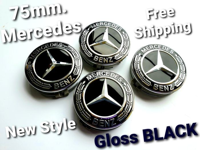 4 x Gloss Black 75mm  MERCEDES BENZ wheel CENTER CAPS (very strong fit, aluminum top) new style, for new models
