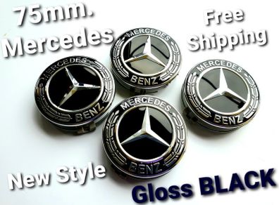 4 x Gloss Black 75mm  MERCEDES BENZ wheel CENTER CAPS (very strong fit, aluminum top) new style, for new models