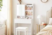 Dressing Table with Mirror and One Drawer, Cosmetic Table, Adjustable Shelves, Modern, 70 x 40 x 136 cm, White
