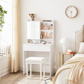 Dressing Table with Mirror and One Drawer, Cosmetic Table, Adjustable Shelves, Modern, 70 x 40 x 136 cm, White