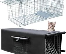 Live Animal Trap Cage with Cover, Cat Trap for Stray Cats Raccoon Trap with Real Door Folding for Raccoons, Opossums, Groundhogs, Skunks, Feral Cats, Squirrels(Black, 32 x 10 x 12 inches)