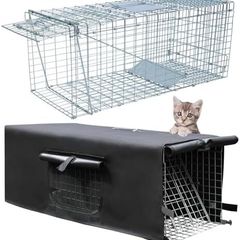 Live Animal Trap Cage with Cover, Cat Trap for Stray Cats Raccoon Trap with Real Door Folding for Raccoons, Opossums, Groundhogs, Skunks, Feral Cats, Squirrels(Black, 32 x 10 x 12 inches)