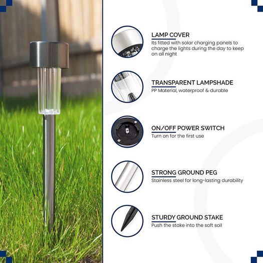 10 x CUQOO Colour Changing Solar Garden Stake Lights - Rechargeable LED Solar Powered Garden Lights - Waterproof Outdoor Lamps - Stainless Steel Outdoor Solar Lights for Garden, Pathway Lighting