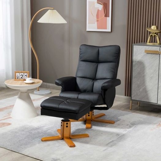 Faux Leather Swivel Recliner Chair with Footstool, Wooden Base and Storage for Living Room (FREE POSTAGE)
