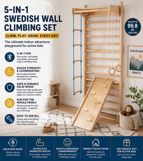 Swedish Ladder Wall Gym 5 in 1 Wooden Indoor Playground Climbing Toys