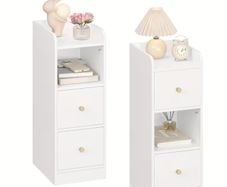 Set of 2 White Bedside Tables  Adjustable Drawers