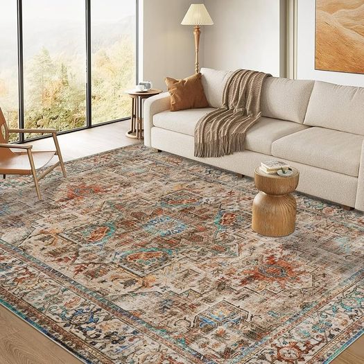 Washable Rugs for Living Room 160x230cm Non-Slip Soft Bedroom Rugs Thin Distressed Carpet Rug Low Profile Floor Rug for Office Bathroom Dinning Room Playroom(Terracotta)