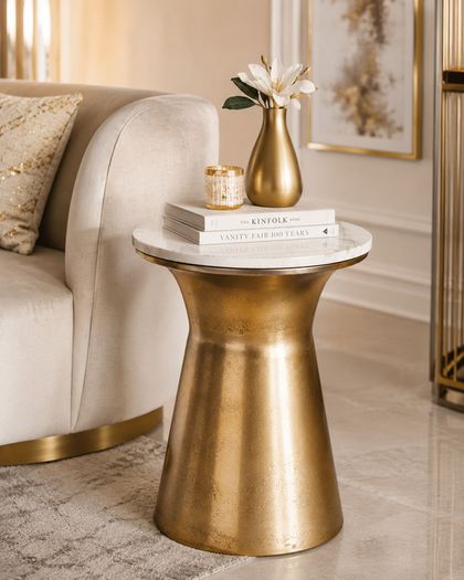 Marble Side Table with Real White Marble Top and Gold Aluminium Base 35 cm