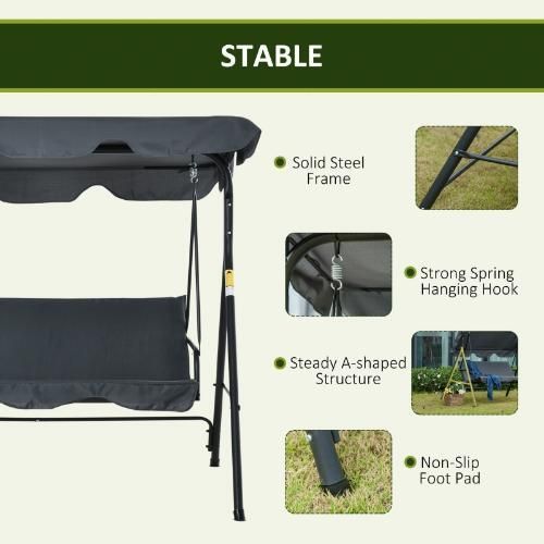 3 Seater Garden Swing Chair Seat with Canopy Grey