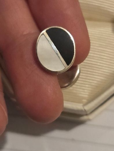 Vintage 925 Sterling Silver Mother of Pearl and Onyx Face Cufflinks with Chain Link