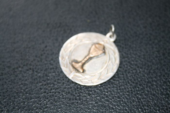 Vintage Art Deco  Antique Sterling Silver and Gold Eucharist Communion Bread and Wine Catholic Medal Pendant