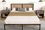 Double Bed Frame, Vintage Wooden Headboard, Metal Platform Base, Steel Slatted Support, No Spring Mattress Required