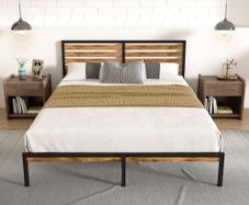 Double Bed Frame, Vintage Wooden Headboard, Metal Platform Base, Steel Slatted Support, No Spring Mattress Required