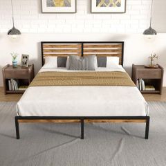 Double Bed Frame, Vintage Wooden Headboard, Metal Platform Base, Steel Slatted Support, No Spring Mattress Required