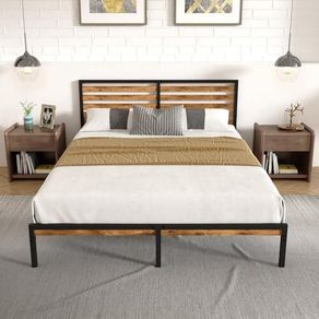 Double Bed Frame, Vintage Wooden Headboard, Metal Platform Base, Steel Slatted Support, No Spring Mattress Required