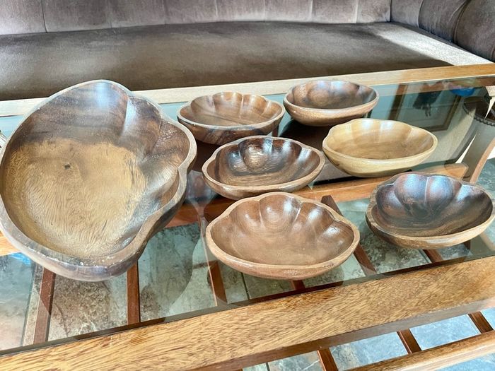 Vintage Carved Acacia Wood Shell Bowl Set 7 Pc Serving Salad Snack Nesting