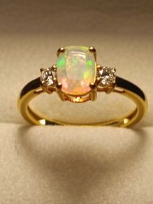 Cushion cut Rare Ethiopian Welo Opal and Lab Grown Diamond Trilogy Ring
