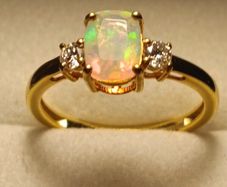 Cushion cut Rare Ethiopian Welo Opal and Lab Grown Diamond Trilogy Ring