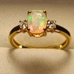 Cushion cut Rare Ethiopian Welo Opal and Lab Grown Diamond Trilogy Ring