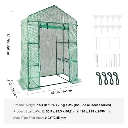 4.6 x 2.4 x 6.7 ft Greenhouse with Shelves, Set Up in Minutes, High Strength PE Cover with Doors & Windows and Steel Frame, Suitable for Planting and Storage, Green