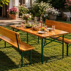 Wooden Folding Picnic Table and Bench Set with Backrests Seats 8