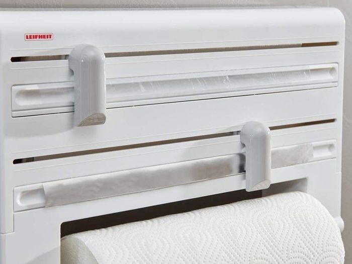 Kitchen Roll Dispenser, Wall-Mounted Film, Foil and Paper Holder, Easy-Install Cling Film Dispenser and Cutter, White, 38 x 26 x 7 cm