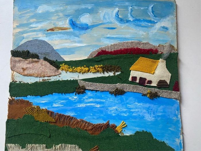 Vintage Upcycled Mixed-Media Textile & Painted Landscape Art unframed