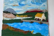 Vintage Upcycled Mixed-Media Textile &amp; Painted Landscape Art unframed